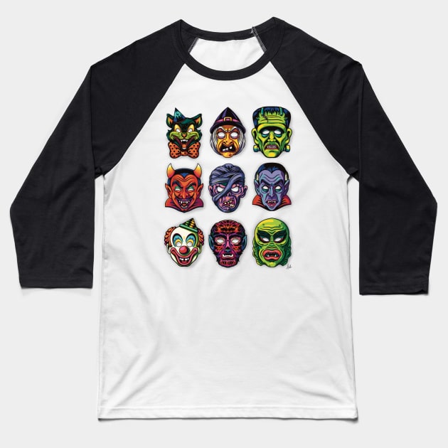 Retro Halloween Masks Baseball T-Shirt by jfeldmanart